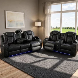 Emilay 3+2 Electric Recliner Sofa Set – Premium Leather with Integrated Sound System, Cooling Cupholders & LED Lighting