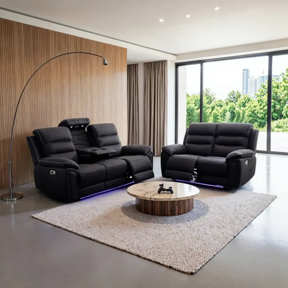 Venice 3+2 Electric Recliner Sofa Set – Platinum Fabric with Reading Lights, LED Underlighting & USB-C Charging