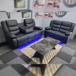 MNS Roma 3+2 Leather Electric Recliner Sofa Set – Black & Grey with Drop-Down Cupholders, USB Ports & LED Lighting