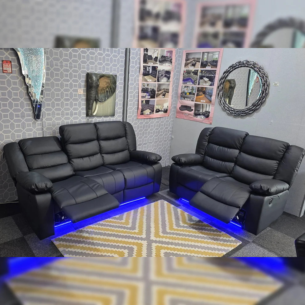 MNS Roma 3+2 Leather Electric Recliner Sofa Set – Black & Grey with Drop-Down Cupholders, USB Ports & LED Lighting - Image 5