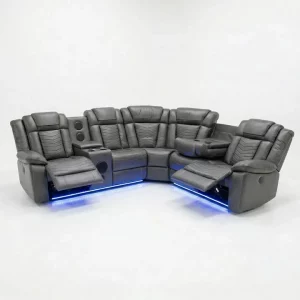 Michigan Zeus Corner Electric Recliner Sofa – Leather Suite with Woofer Speakers, LED Lighting & Wireless Charging | Black & Grey