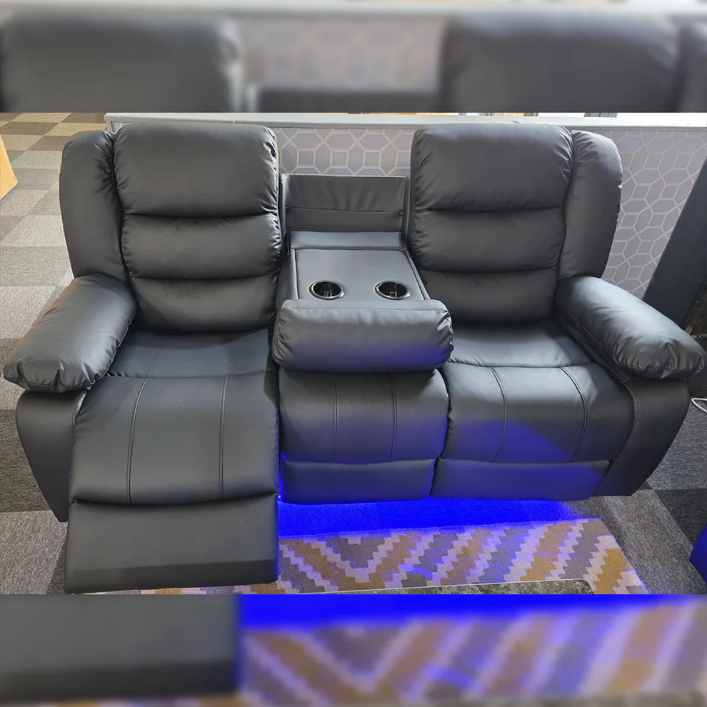 MNS Roma 3+2 Leather Electric Recliner Sofa Set – Black & Grey with Drop-Down Cupholders, USB Ports & LED Lighting - Image 3