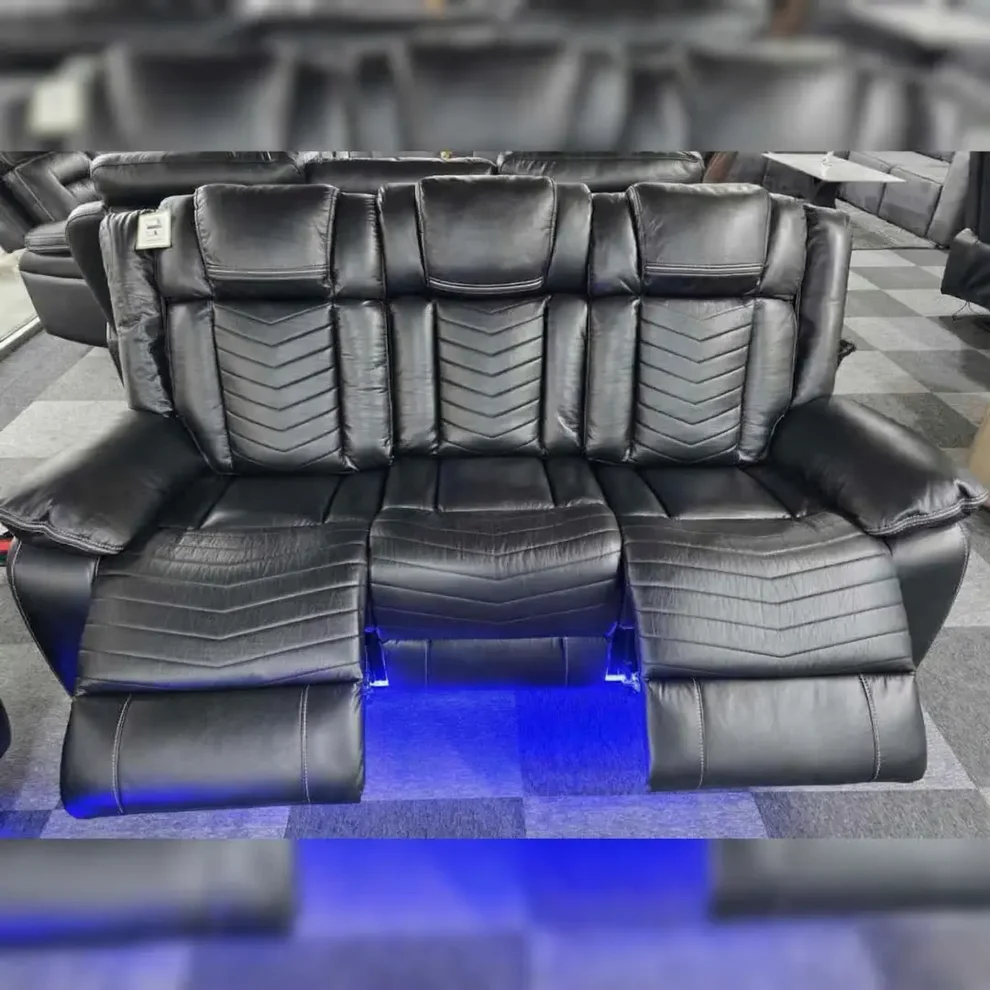 Michigan Volt 3+2 Electric Recliner Sofa Set - Black Leather with Woofer Speakers, Wireless Charging & LED Lighting - Image 4