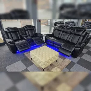 Michigan Volt 3+2 Electric Recliner Sofa Set - Black Leather with Woofer Speakers, Wireless Charging & LED Lighting