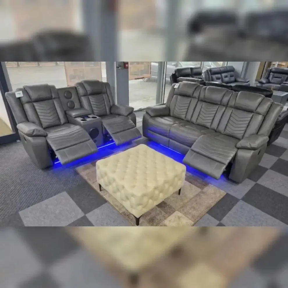 Michigan Volt 3+2 Electric Recliner Sofa Set - Black Leather with Woofer Speakers, Wireless Charging & LED Lighting - Image 5
