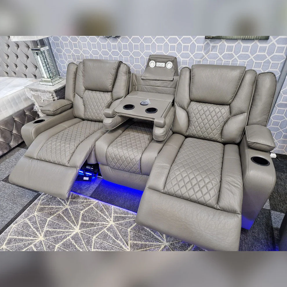 MNS Bonded Leather Corner Recliner Sofa 230x230cm - Grey Luxury Corner Group with Cupholders, Foam Seats & Brass Nail Detail - Image 7